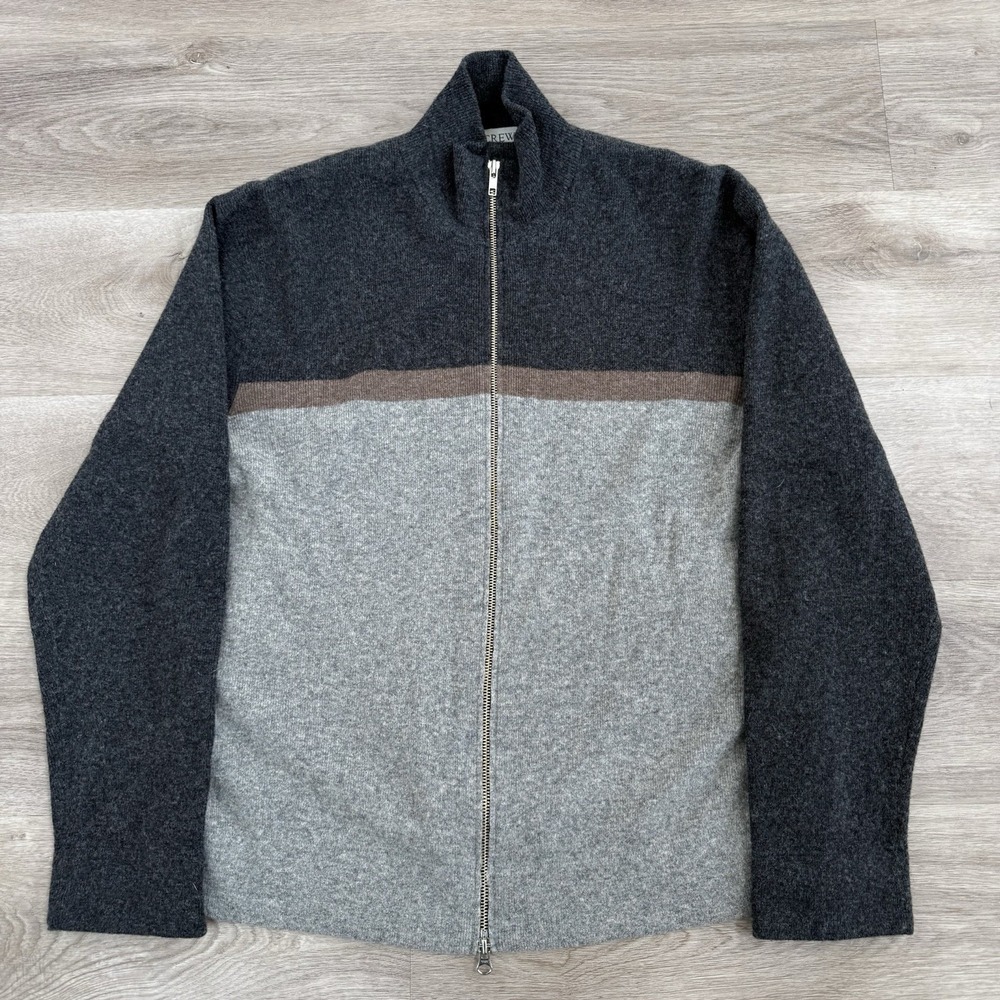Vintage 90s J. Crew Lambswool Full Zip Sweater Jacket Mens XL Gray Stripe